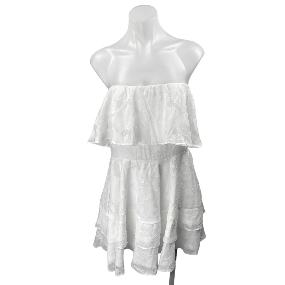 NEW Lulus White Strapless Tube Bandeau Flounce Tiered Ruffle A Line Mini Dress L